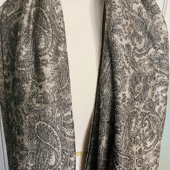 Vintage Pashmina Silk Shawl 1990s, Black & Grey Paisley Jacquard, 70×180 cm - Picture 4 of 11